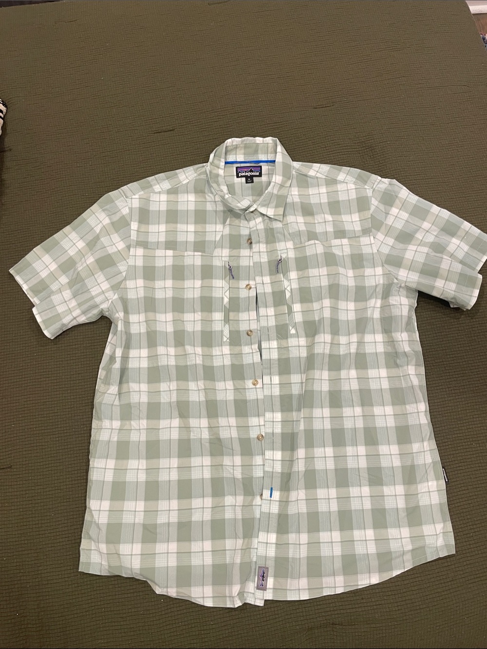 Patagonia Men's Light Green and White Plaid Short-Sleeve Button-Up Shirt